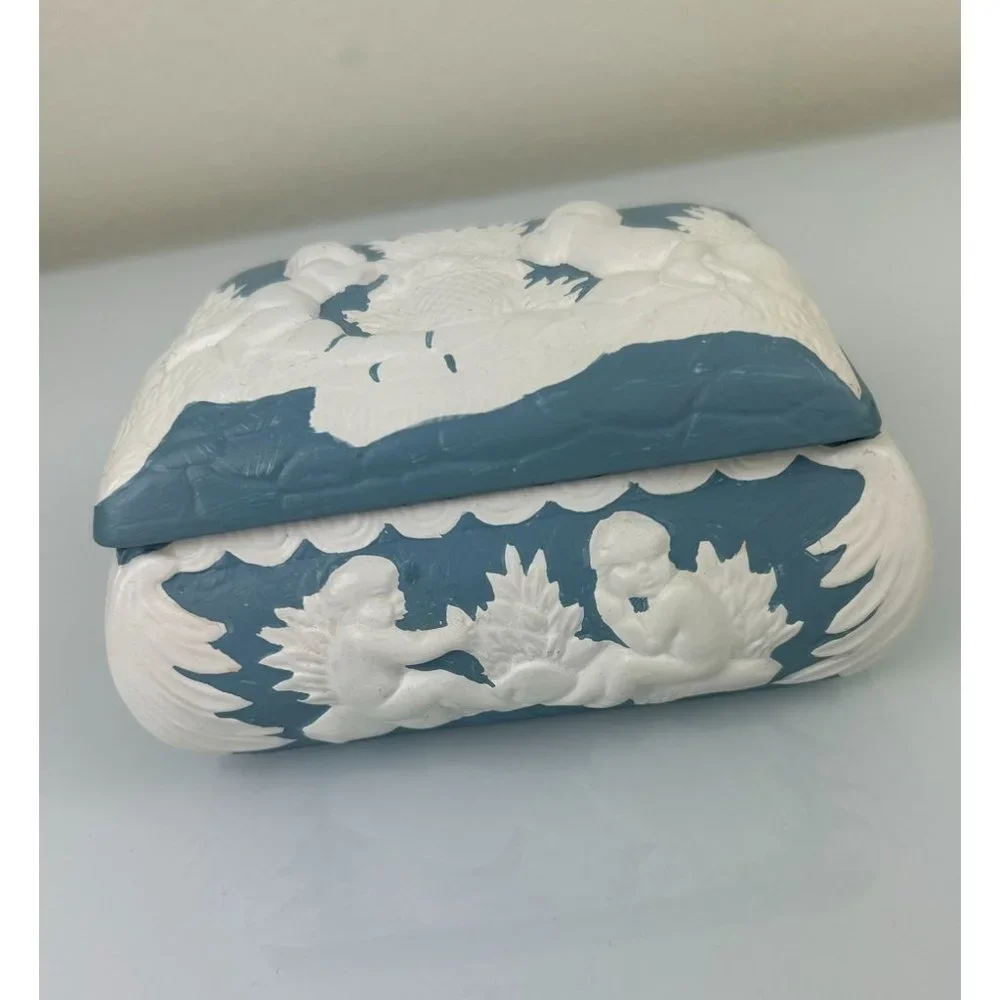 Vintage 1970s Hand Painted Ceramic Lidded Trinket Box Cherubs Angels Blue White